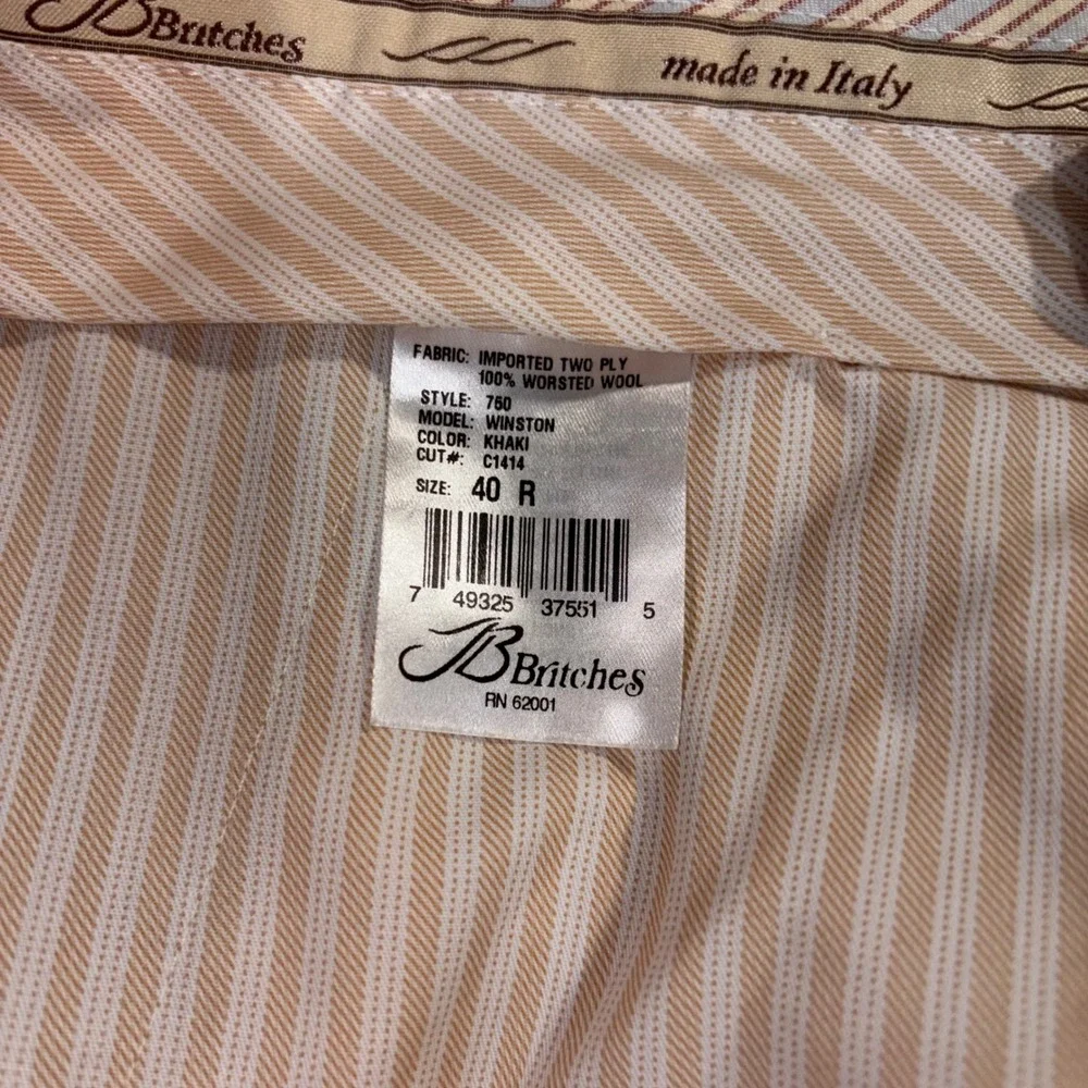 JB Britches Winston Khaki Pleated Dress Pants 100% Worsted Wool Italy 40R NWT